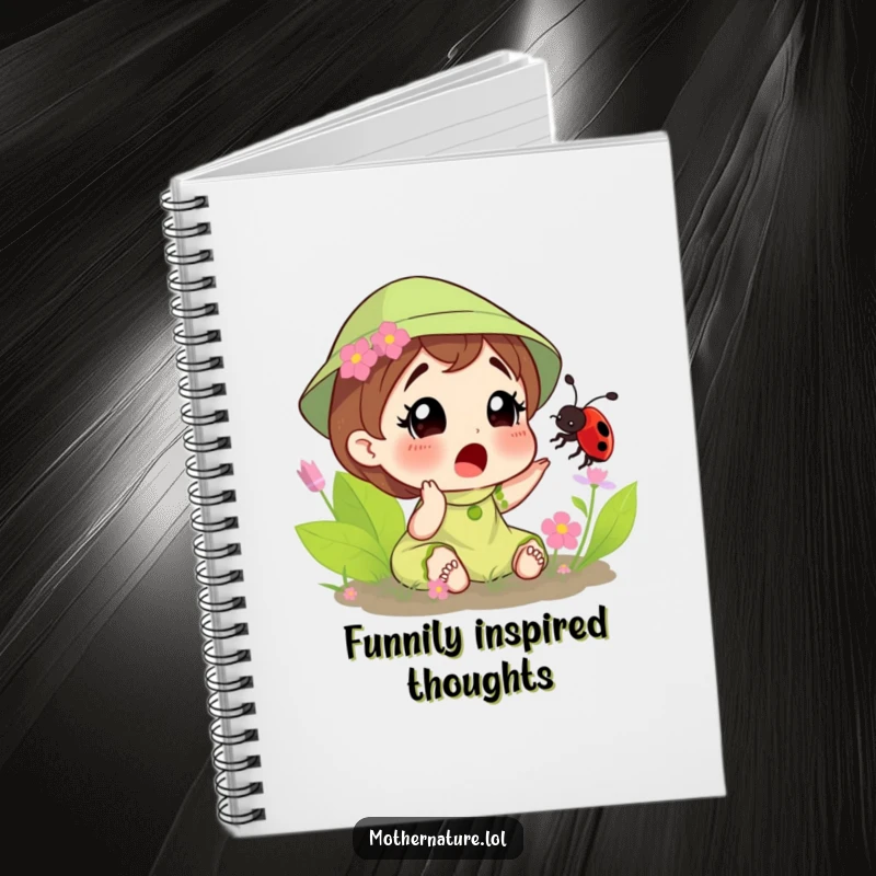 Funny notebook with Mother Nature reacting with surprise to a ladybug tickling her, perfect for jotting down playful ideas and observations.