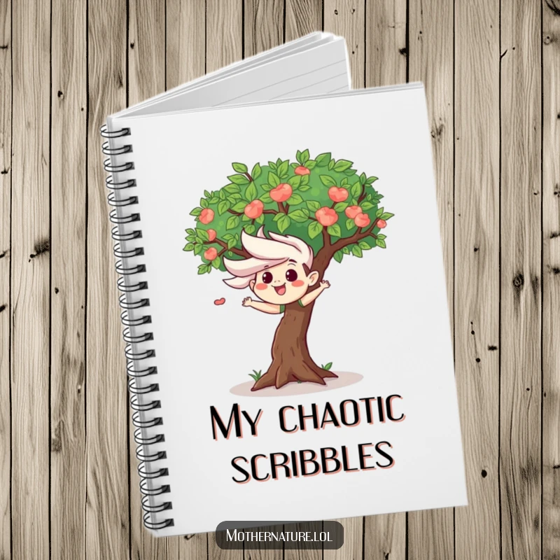 Mischievous wind gust character ruffling leaves of a happy tree on the cover of a notebook, perfect for journaling playful ideas.