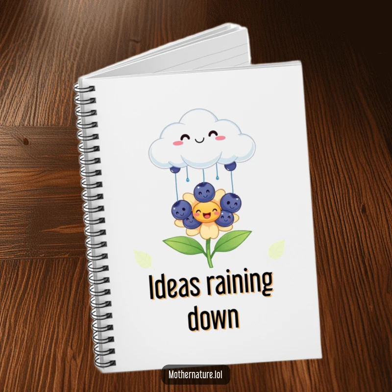 Funny cheerful cloud notebook, raining smiling blueberries onto a happy flower, for jotting down ideas, cute stationery gift.