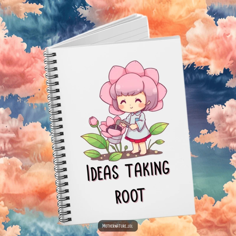 Funny notebook with a cute character happily watering a blooming oversized flower, humorous stationery for journaling.