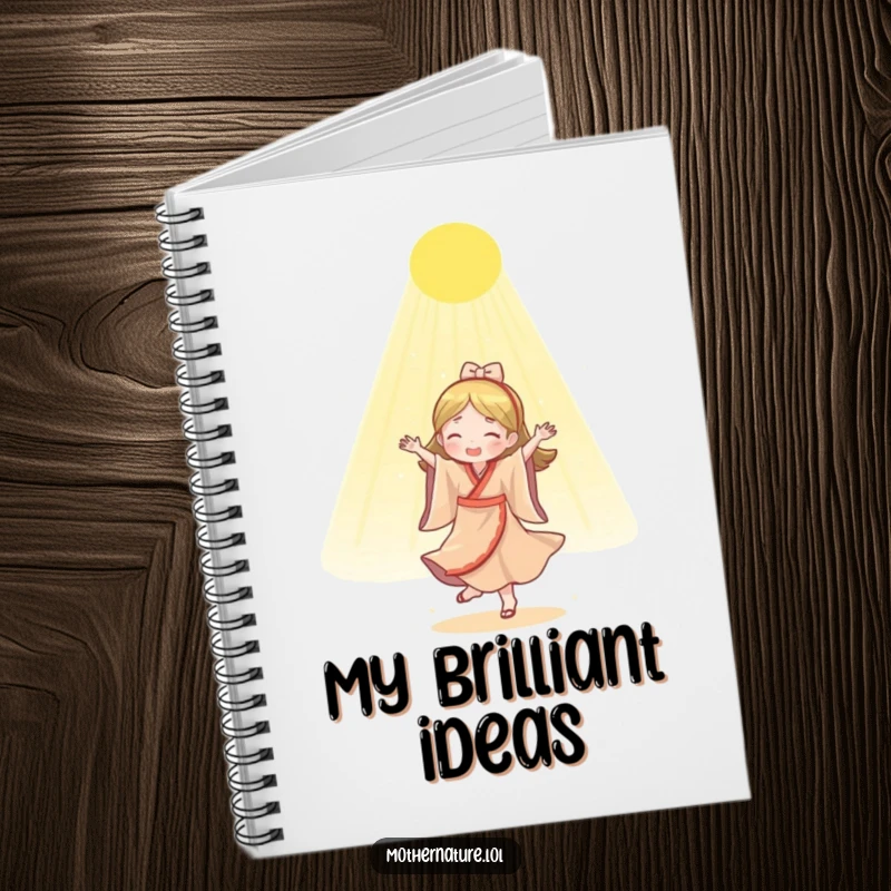 Funny Mother Nature notebook featuring a dancing character bathed in golden sunlight, inspiring bright ideas.