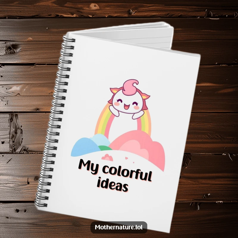 Funny Notebook with a playful rainbow character arching over a laughing landscape on the cover, perfect for notes and creativity.