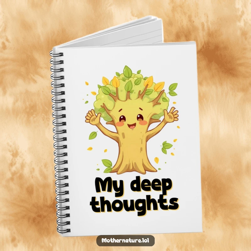 Funny Happy Tree Notebook with a waving tree character and fluttering leaves, great for journaling nature-inspired thoughts.