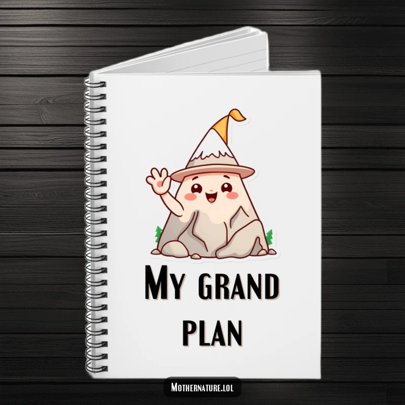 Funny mountain range character notebook, wearing a silly hat and waving, ideal for writing and creative notes.