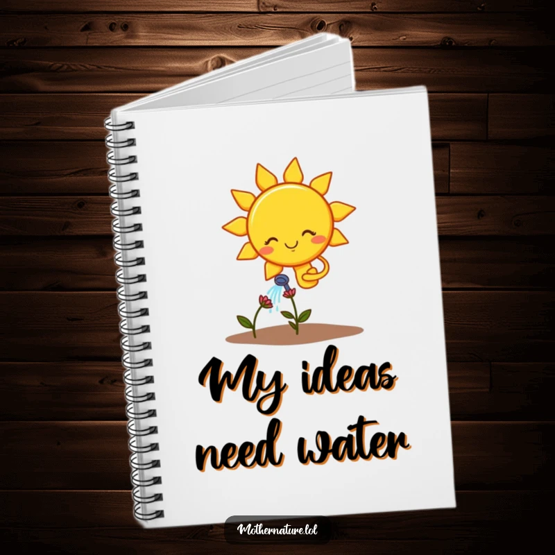 Funny notebook featuring a smiling sun character watering a struggling flower, perfect for journaling.