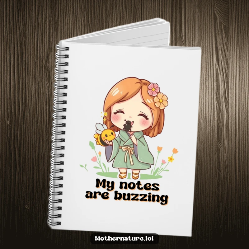 Funny notebook with Mother Nature delightedly holding a tiny, buzzing bee, perfect for recording nature observations and thoughts.