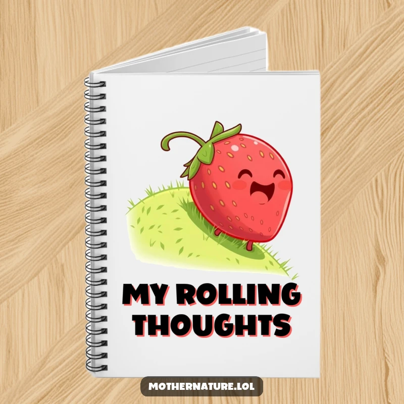 Funny notebook cover showing a plump, dizzy strawberry rolling down a grassy hill with infectious glee, ready for creative thoughts.