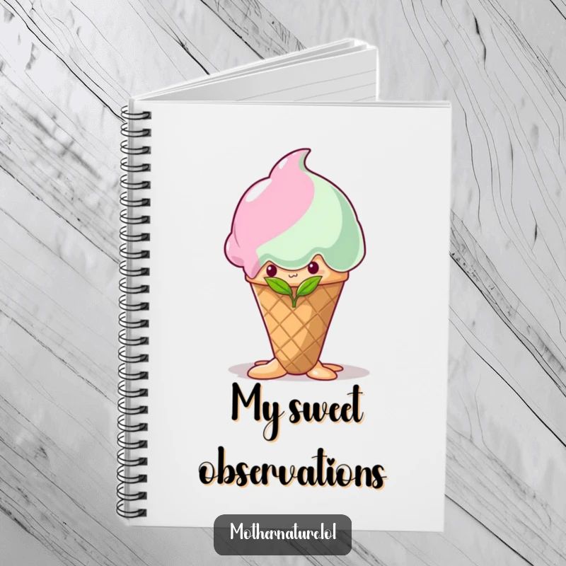 Funny shy sprout notebook, hiding behind a melting ice cream cone, for jotting down thoughts, cute stationery gift.