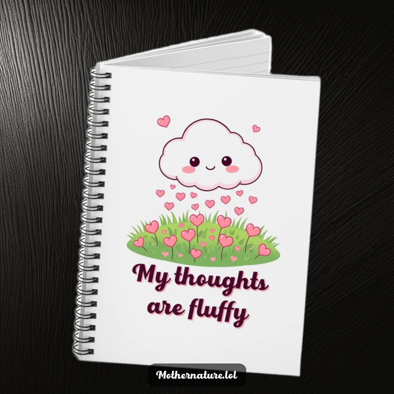 Funny notebook featuring a cloud character raining hearts onto a meadow, perfect for journaling love.