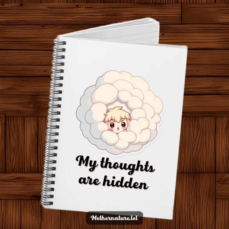 Funny notebook with a surprised character peeking from a swirling cloud, perfect for notes and journaling.