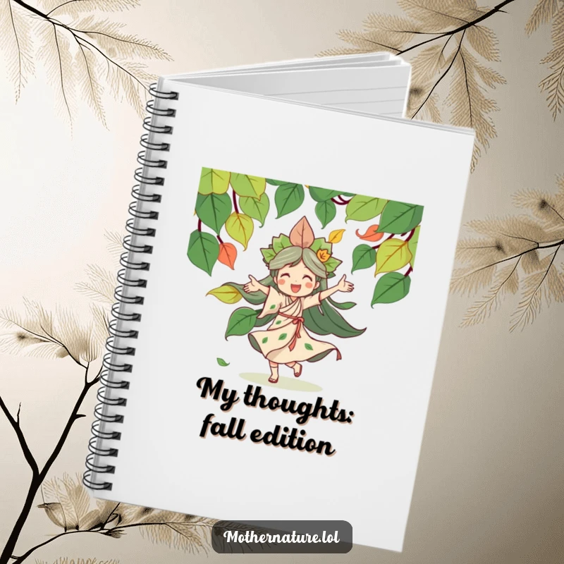 Funny Mother Nature notebook with a joyful character dancing amongst swirling leaves, perfect for capturing thoughts and creative ideas.