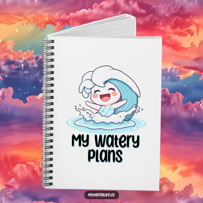 Funny Notebook with a happy wave character laughing and splashing playfully onto a shore, perfect for seaside notes.