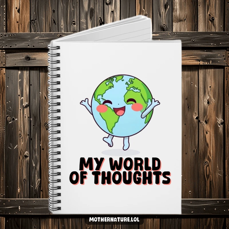 Funny notebook cover with a happy little Earth character engaged in a joyful, spinning dance, showcasing its green continents.