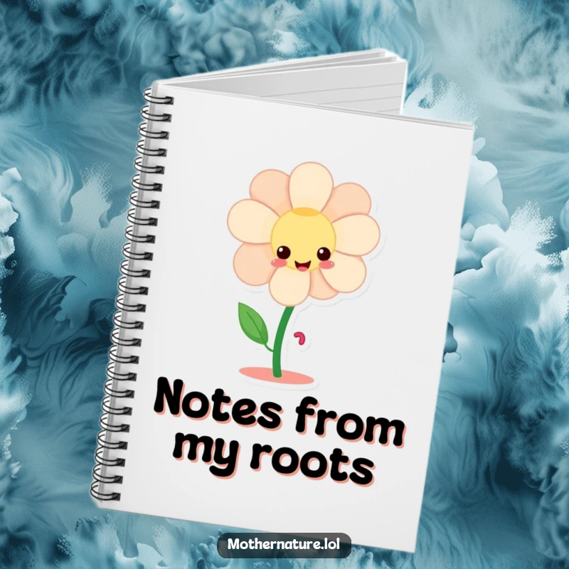Funny giggling flower character notebook, dancing and twirling with tiny legs, ideal for writing and creative notes.