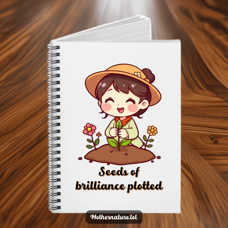 Funny Mother Nature notebook featuring a cheerful character planting a seed that instantly sprouts into colorful flowers.