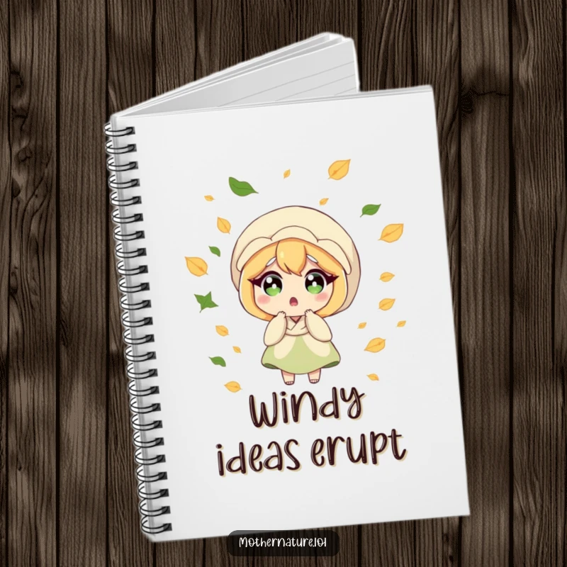 Funny Mother Nature notebook, surprised character, breeze blowing leaves, humorous journal, ideal for creative minds.