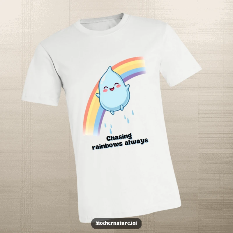 Funny raindrop t-shirt with a plump face, smiling and sliding gleefully down a bright, colorful rainbow.