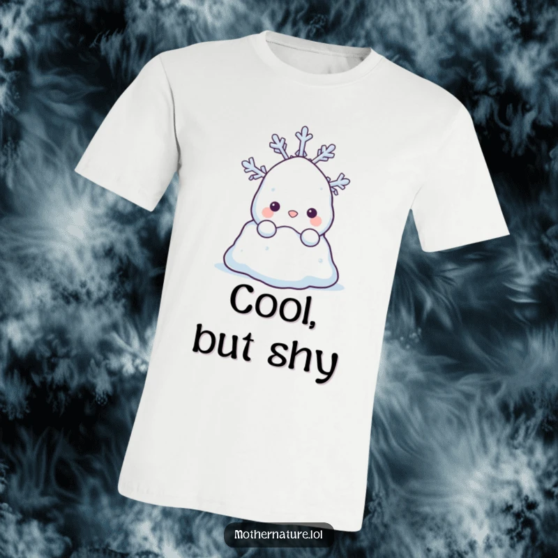 Funny t-shirt showcasing a shy snowdrift character peeking from behind a happy snowflake. A charming winter design.