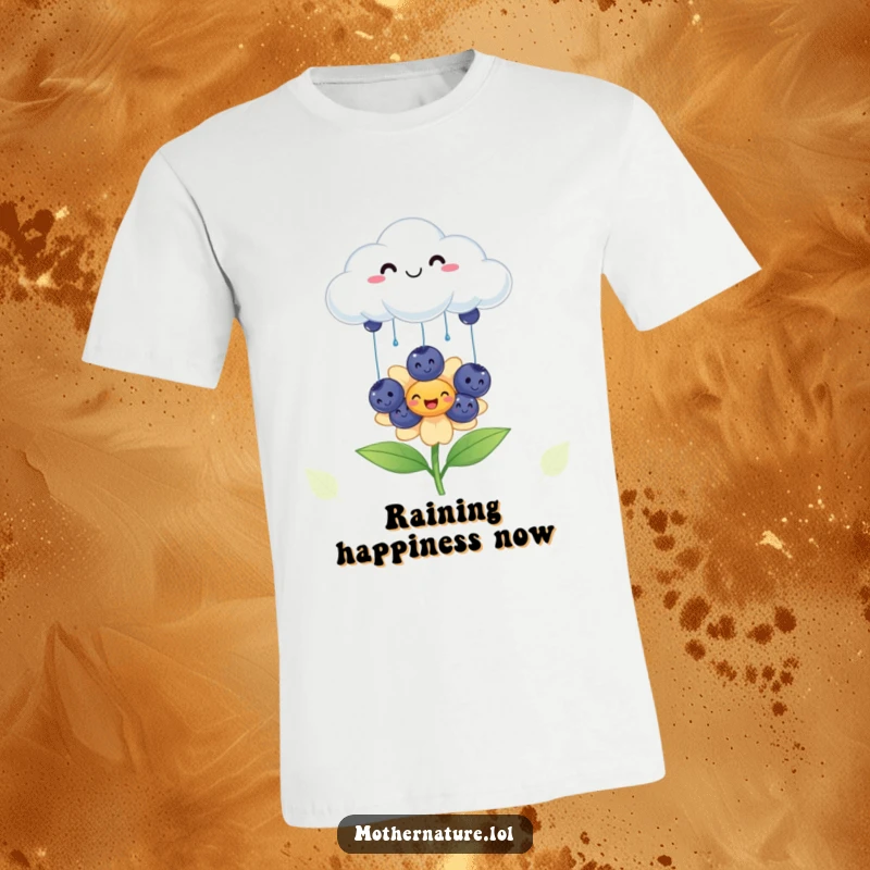 Funny cheerful cloud t-shirt, raining smiling blueberries onto a happy flower, symbolizes joy and nature's beauty, perfect gift.