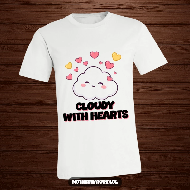 Funny T-Shirt depicting a tiny, cute cloud character giggling as it rains colorful, bouncing hearts, exuding pure joy.