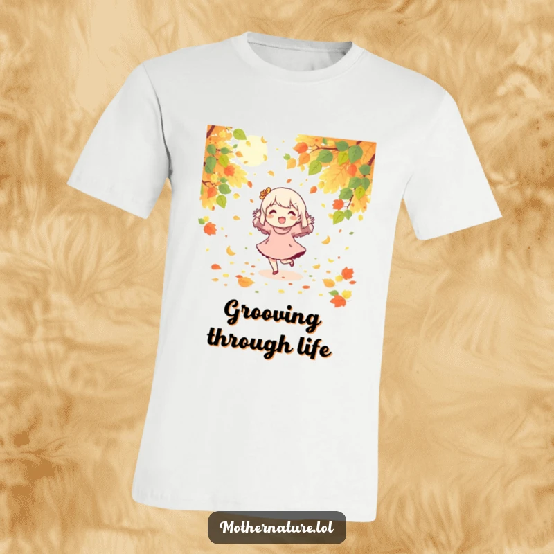 Funny t-shirt depicting a character joyfully dancing surrounded by falling leaves and bright sunshine.