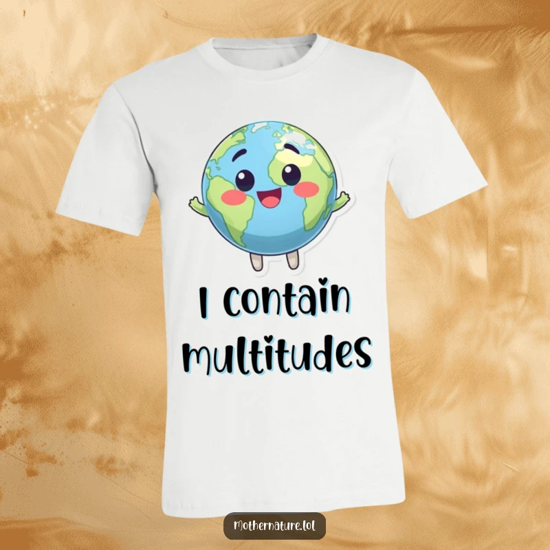 Funny t-shirt featuring a bright and friendly, bouncing Earth globe character in mid-air. A joyful celestial design.