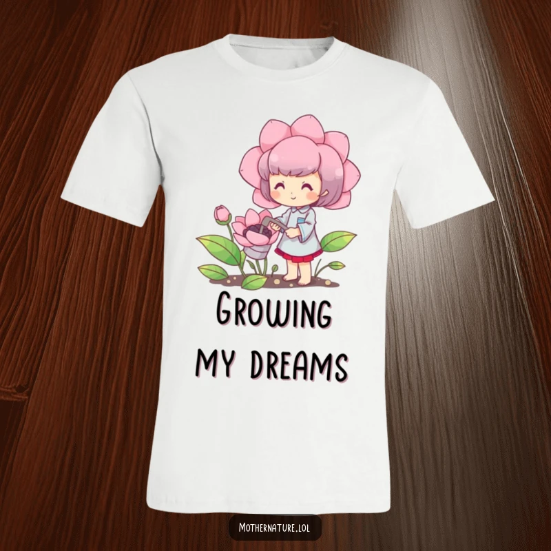 Funny t-shirt with a cute character happily watering a blooming oversized flower, humorous apparel for garden enthusiasts.