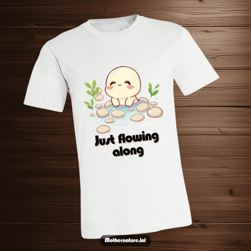 Funny t-shirt depicting a cheerful, bubbling brook character giggling while flowing smoothly over round, water-worn pebbles.