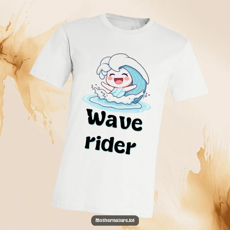 Funny T-Shirt depicting a joyful wave character laughing heartily as it makes a playful splash upon the sandy shore.