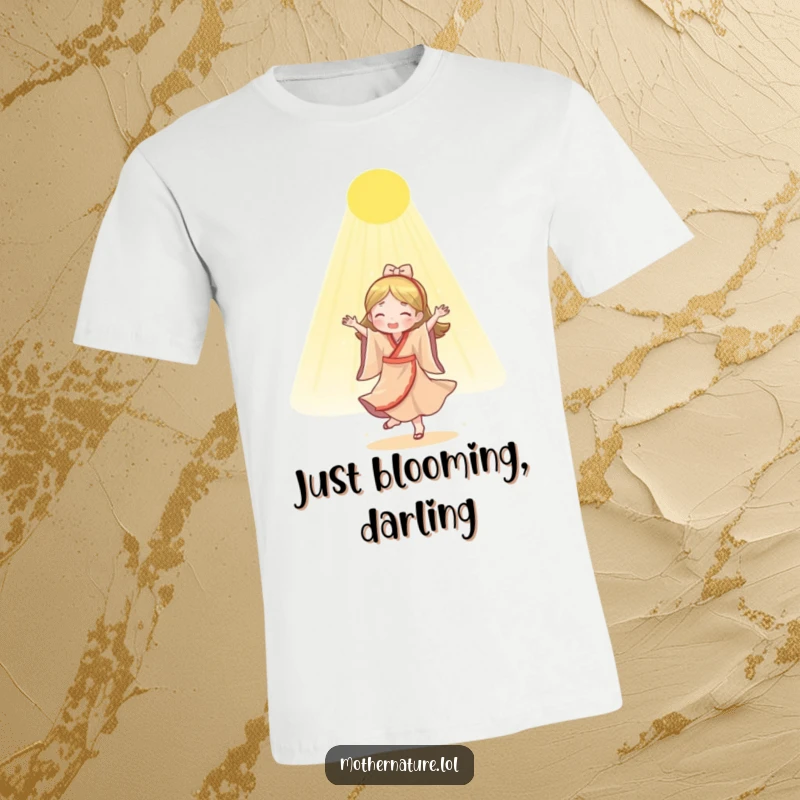 Funny Mother Nature t-shirt showing a vibrant character merrily dancing beneath a cascade of gentle, golden sunlight.