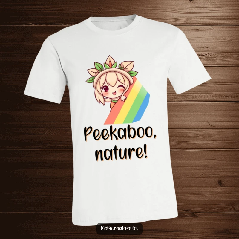 Funny Mother Nature t-shirt with a mischievous character peeking from behind a bold rainbow, suggesting playful secrets and wonder.