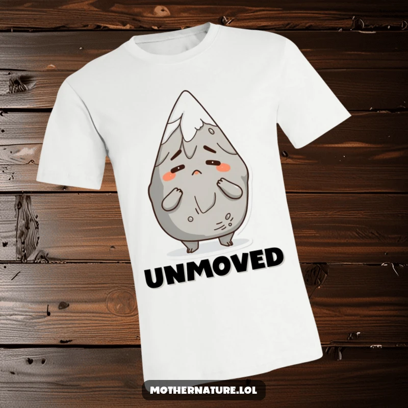 Funny t-shirt depicting an anthropomorphic mountain character shrugging comically with a bemused look, perfect for expressing mild confusion humorously.