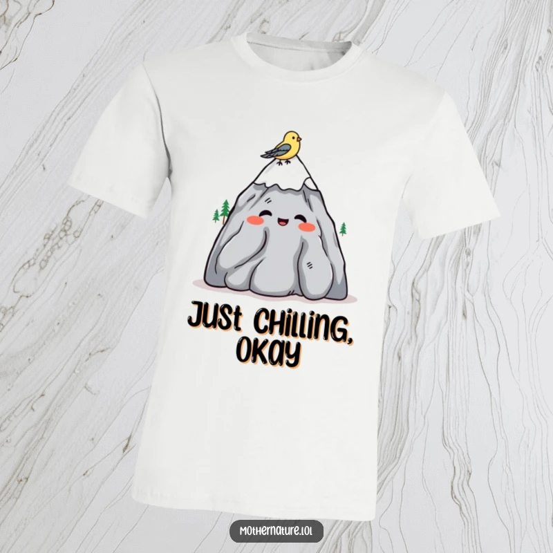 Funny T-shirt depicting a mountain character shrugging casually, with a bird resting on its summit.