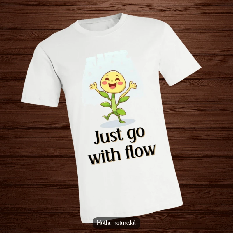 Funny t-shirt showing a vibrant, happy plant character dancing with wild abandon under a gentle, refreshing rain shower.