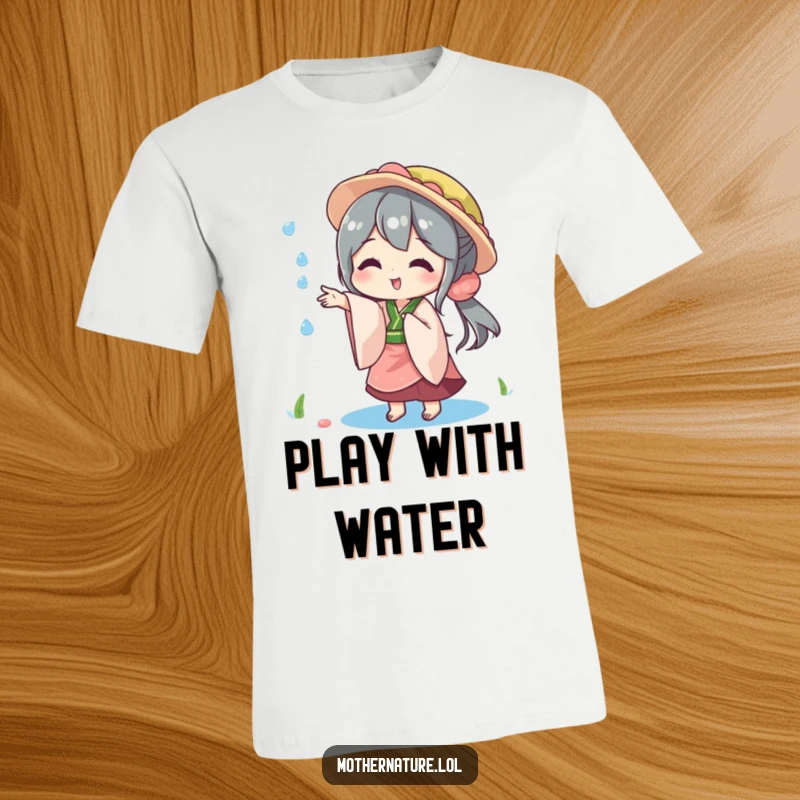Funny t-shirt graphic of Mother Nature playfully tossing a sparkling raindrop, showing a lighthearted, joyful moment.