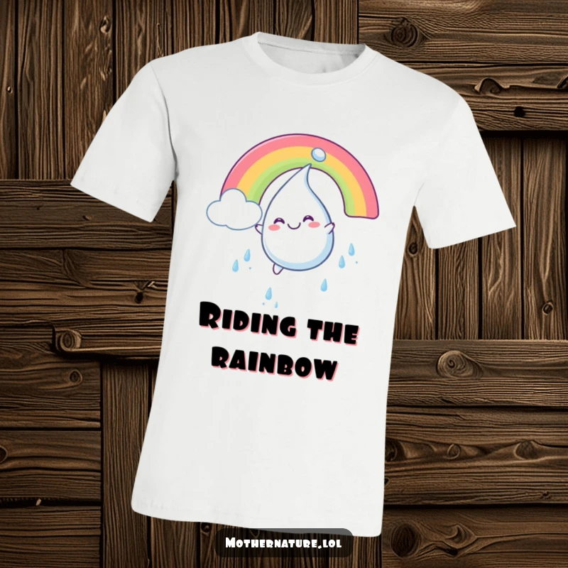 Funny t-shirt depicting a plump, smiling raindrop character sliding with immense glee down a bright, multi-colored rainbow.