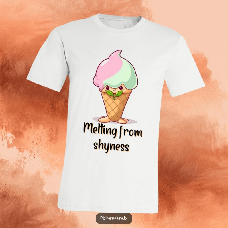 Funny shy sprout t-shirt, hiding behind a melting ice cream cone, cute and humorous apparel, perfect gift idea.