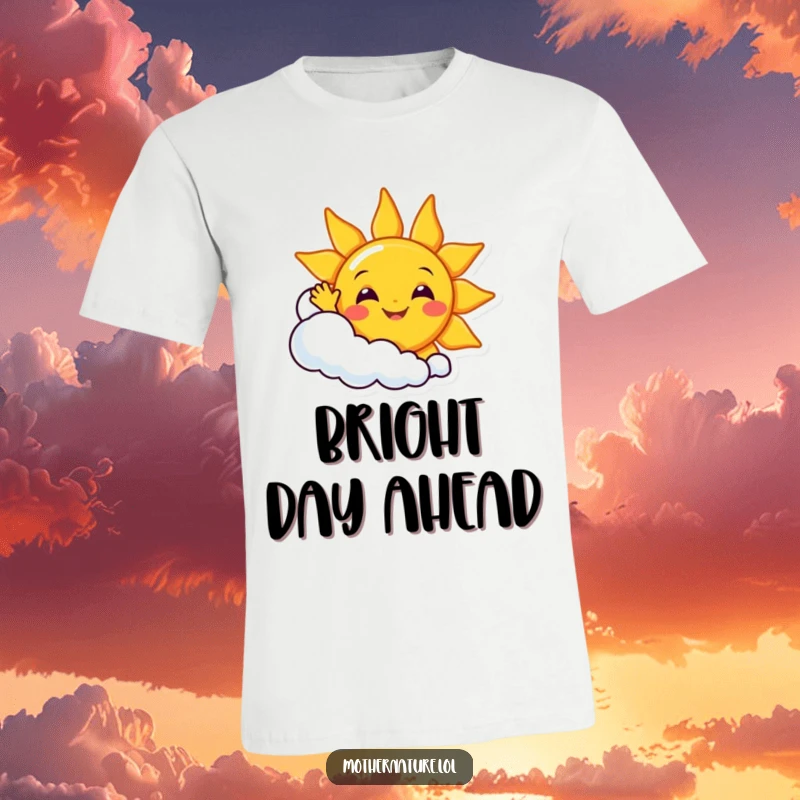 Funny smiling sun waving with enthusiasm from behind a giggling cloud, printed on a soft and vibrant t-shirt.