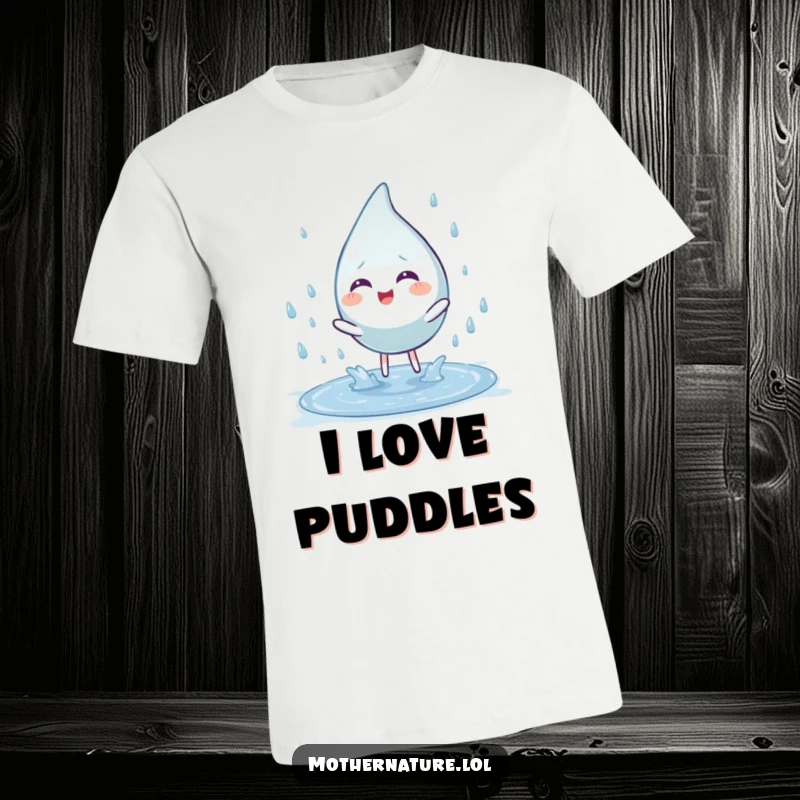 Funny t-shirt featuring a playful raindrop character splashing joyfully into a puddle. Great for rainy day enthusiasts.