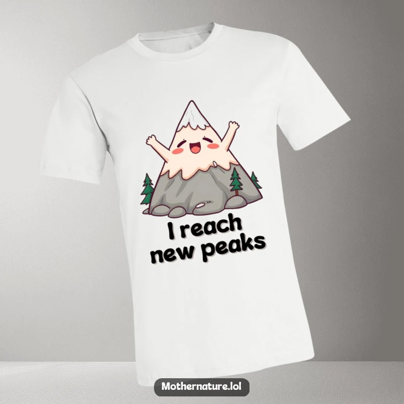 Funny t-shirt depicting a cute mountain character stretching its summit peaks upwards in a large, contented yawn.