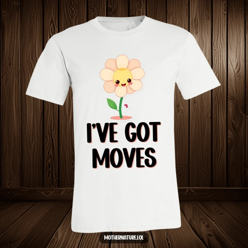 Funny giggling flower character t-shirt, with tiny dancing legs, twirling joyfully in a humorous display.