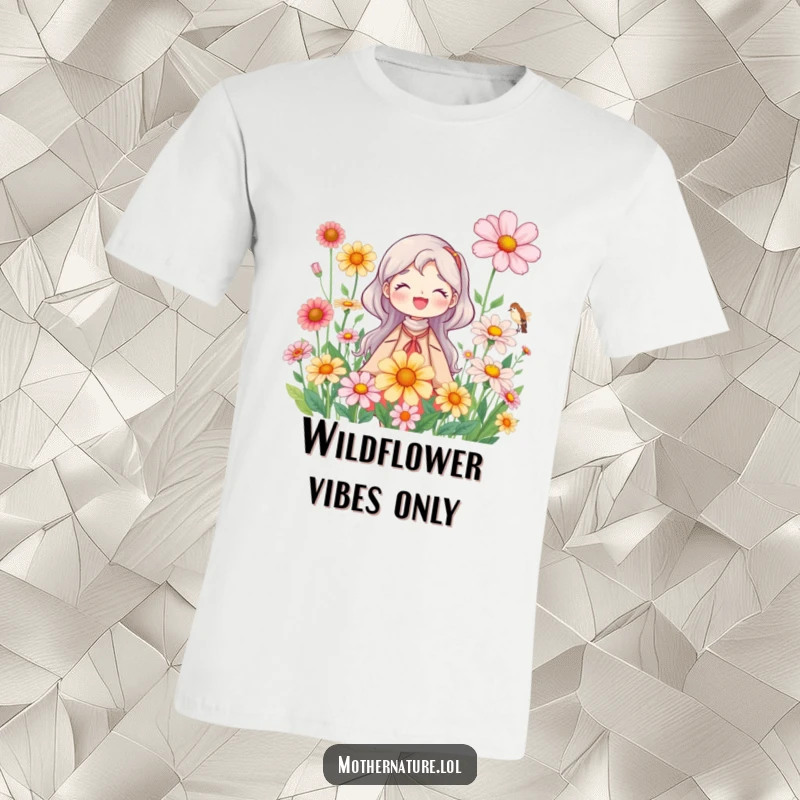 Mother Nature T-Shirt: Cheerful character surrounded by large, blossoming wildflowers, showcasing earth's vibrant flora. A beautiful gift.