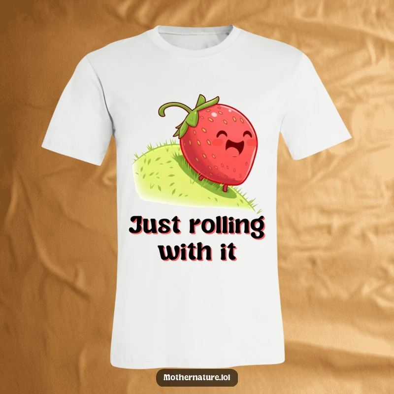 Funny t-shirt featuring a plump, dizzy strawberry joyfully rolling down a green grassy hill, conveying a sense of lighthearted fun.