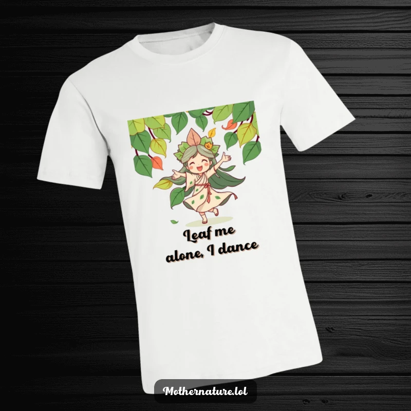 Funny Mother Nature t-shirt with a joyful character in a dynamic dance pose surrounded by a whirlwind of colorful leaves, embodying natural exuberance.