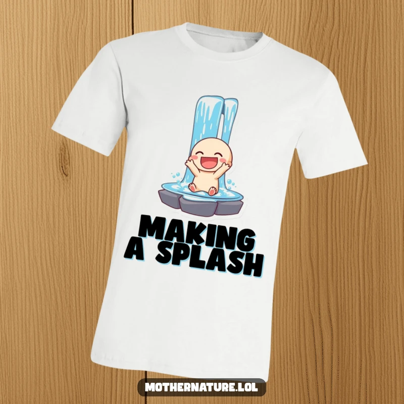 Funny t-shirt showing a laughing waterfall character in full, jubilant descent. A refreshing design.