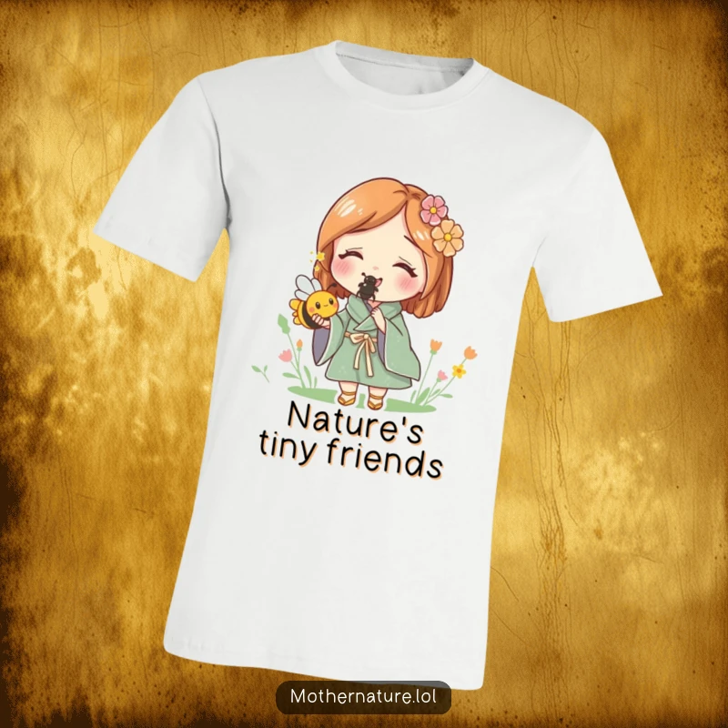 Funny t-shirt with Mother Nature smiling and holding a tiny, buzzing bee, emphasizing a gentle and loving relationship with insects.