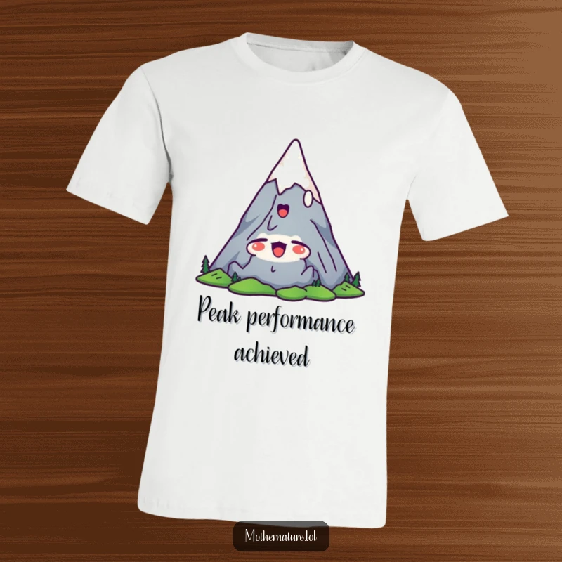 Funny mountain t-shirt with a cute character stretching its peaks upwards, depicted mid-yawn with a look of satisfaction.