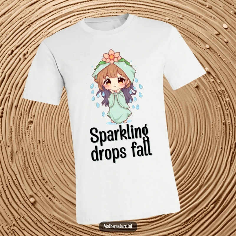 Mother Nature T-Shirt: Character crafting a cascade of shimmering dew drops, representing nature's fresh beauty. A refreshing and lovely gift.
