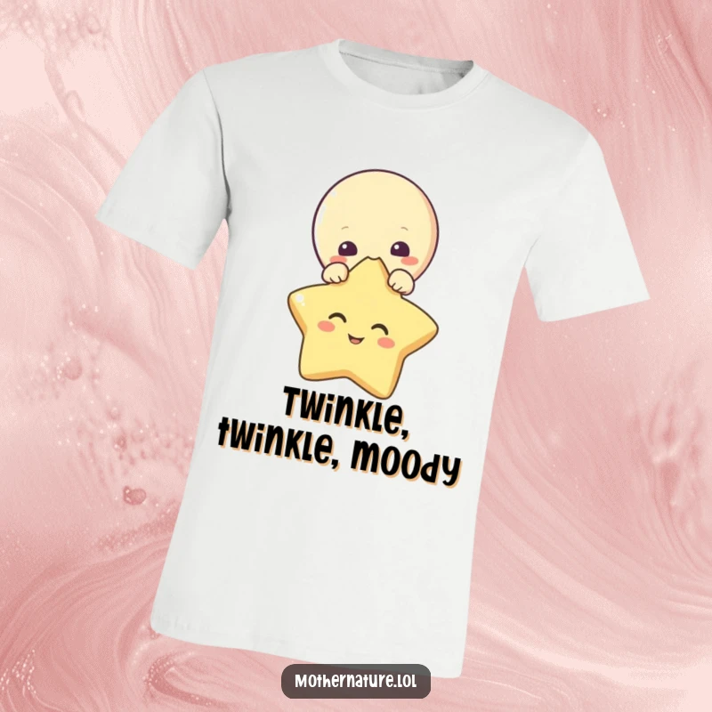 Funny t-shirt showcasing a curious moon character peeking from behind a giggling star. A charming celestial design.