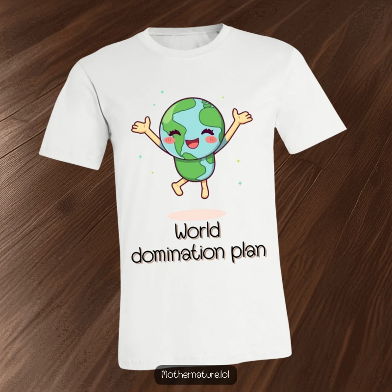 Funny Earth t-shirt showing a happy character doing a joyful dance, spinning vibrantly with green continents depicted.